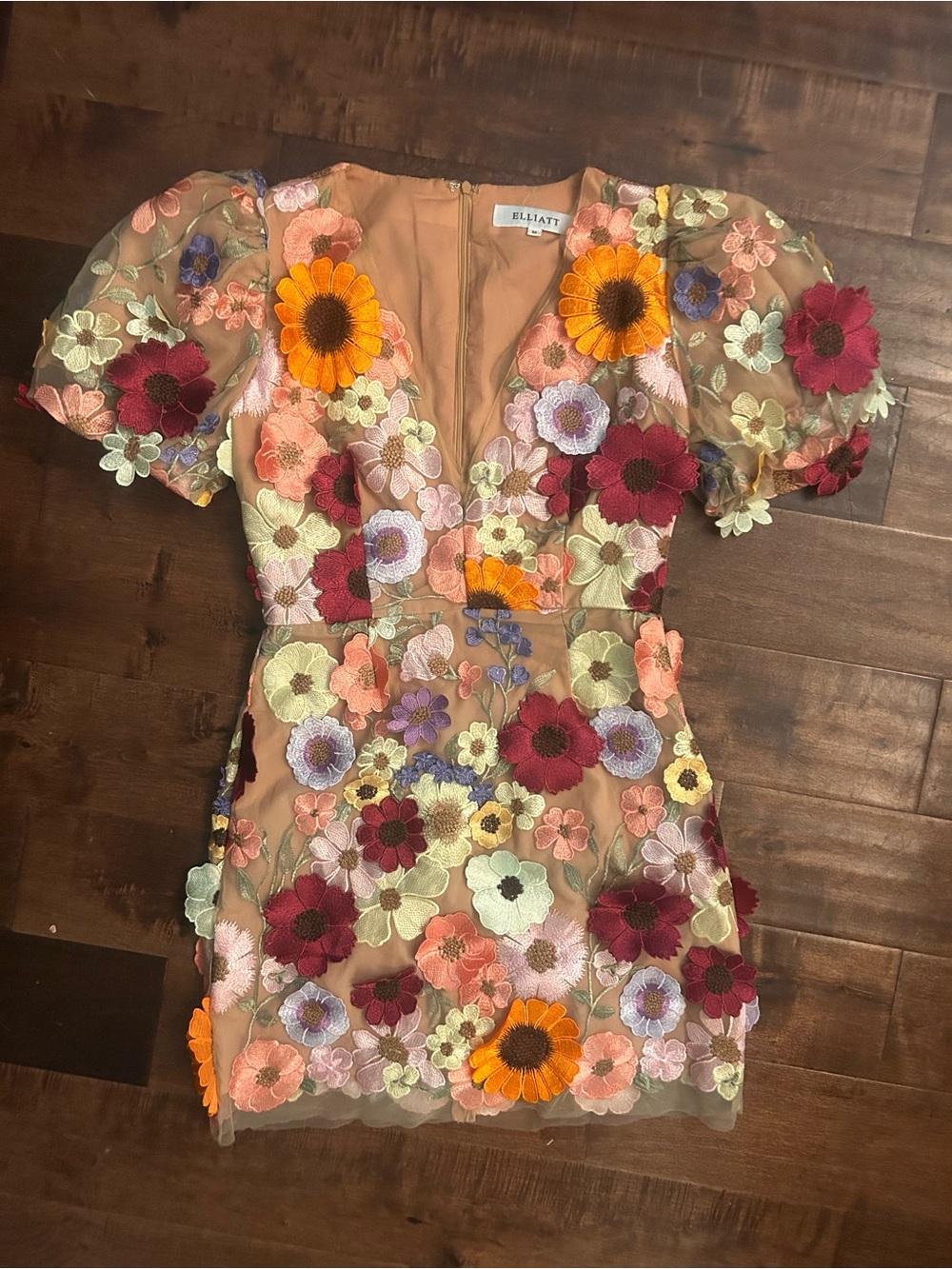 Elliatt Peach Sheer Mini Dress with Multicolor Floral Embroidery